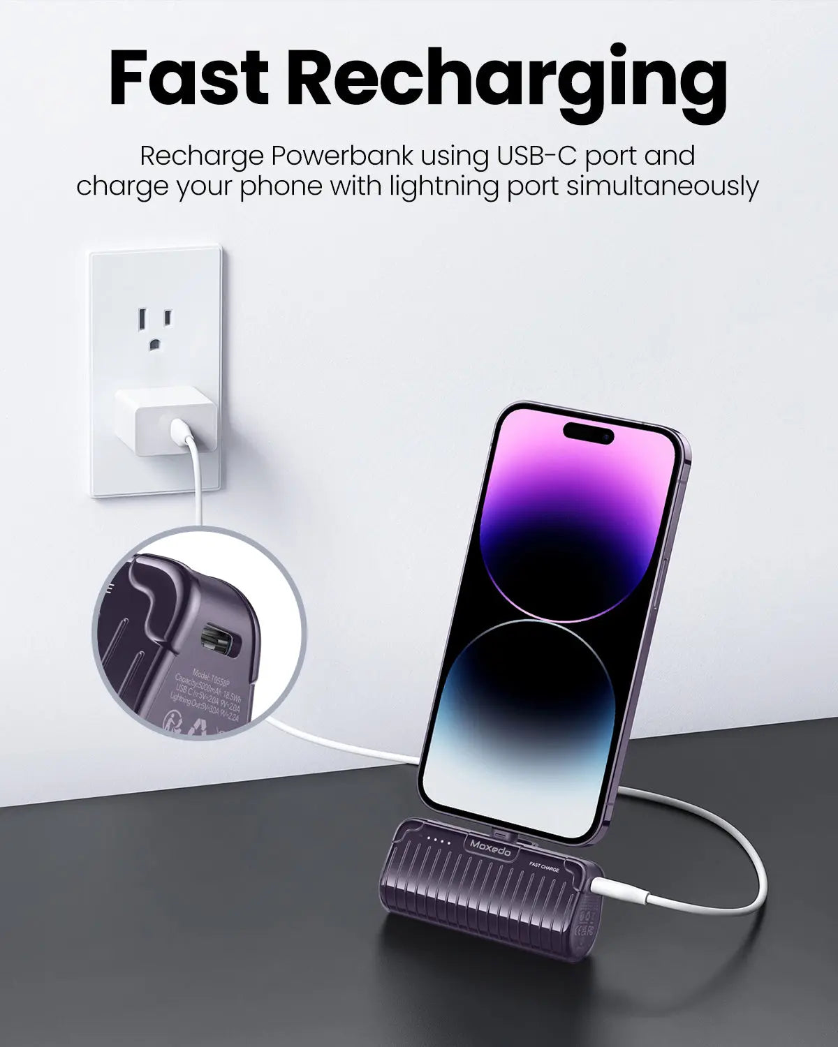 Moxedo Capsule 5000 mAh Mini Power Bank 20W PD Fast Charging Portable Charger with Built-in Lightning Connector with Kickstand (Purple)