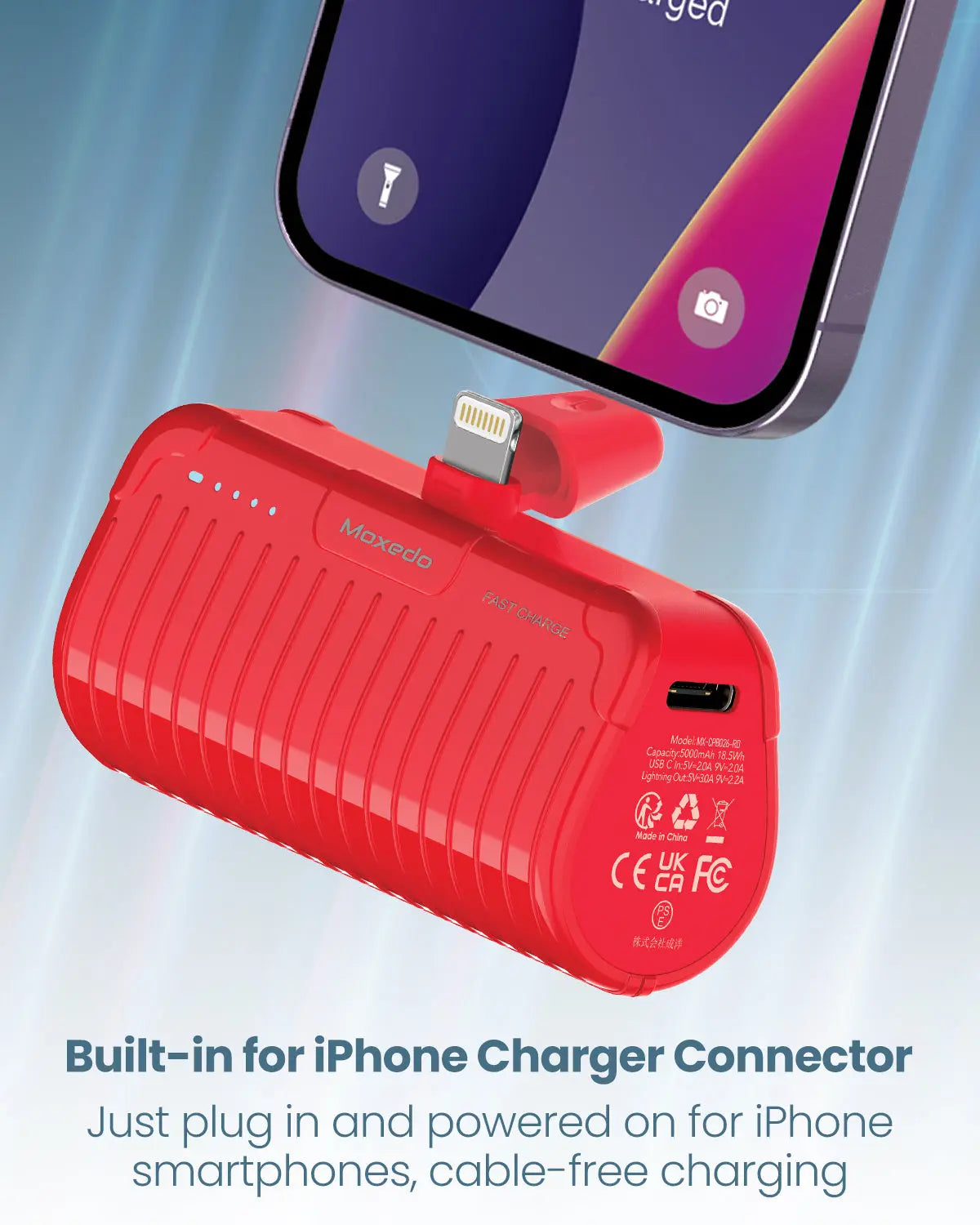 Moxedo Capsule 5000 mAh Mini Power Bank 20W PD Fast Charging Portable Charger with Built-in Lightning Connector with Kickstand (Red)