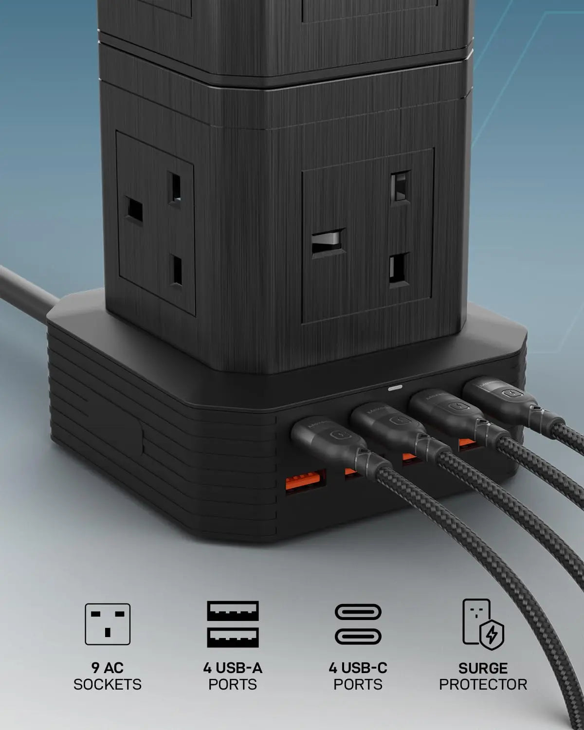 Moxedo Smart Hub Power Strip 17 in 1 9 AC Sockets + 4 USB-C Ports + 4 USB-A Ports 3250W GaN Tower Surge Extension Multi-Socket, 2 Layers Detachable Electric Charging Station with 2 Meters Power Cord