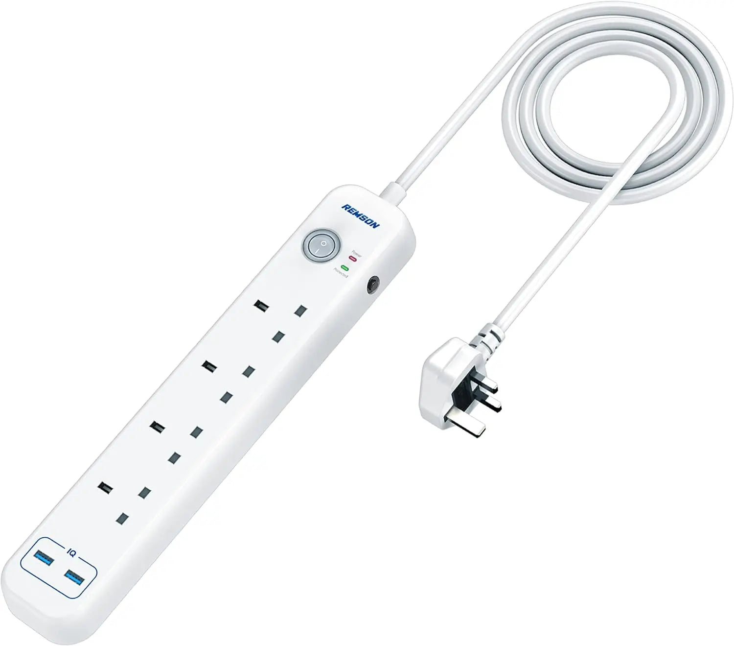 Remson Essential 6 Way 2 USB Ports + 4 AC Outlets Fast Charging Surge Protection 13A Power Strip - White