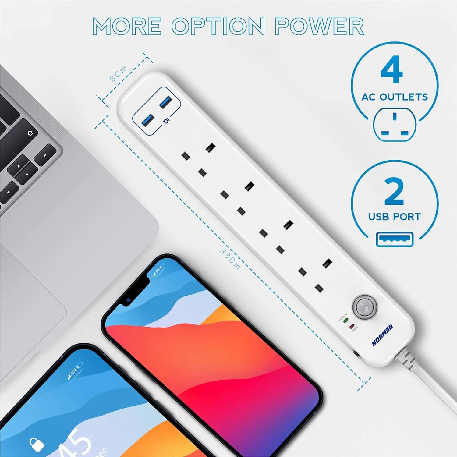 Remson Essential 6 Way 2 USB Ports + 4 AC Outlets Fast Charging Surge Protection 13A Power Strip - White