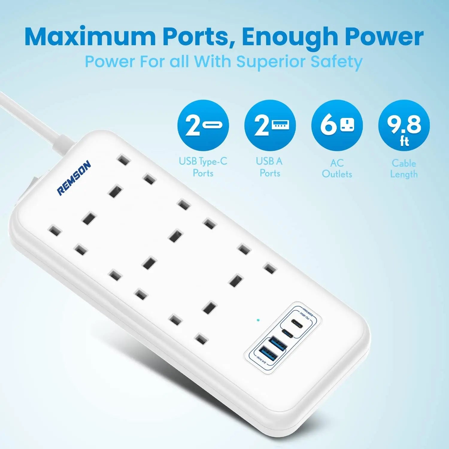 Remson 65W Essential 4 USB Surge Protector 10 Way 2 USB-C PD Ports + 2 USB-A Ports + 6  with 5M Cable Outlets - White