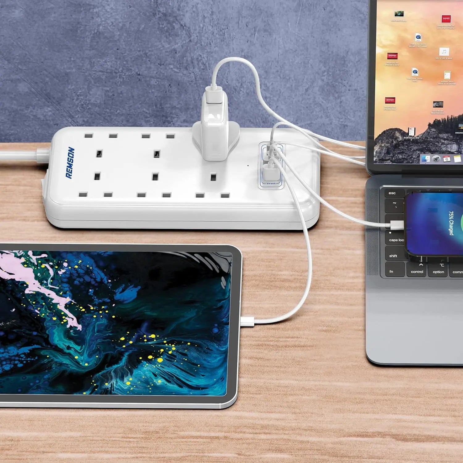 Remson 65W Essential 4 USB Surge Protector 10 Way 2 USB-C PD Ports + 2 USB-A Ports + 6  with 5M Cable Outlets - White