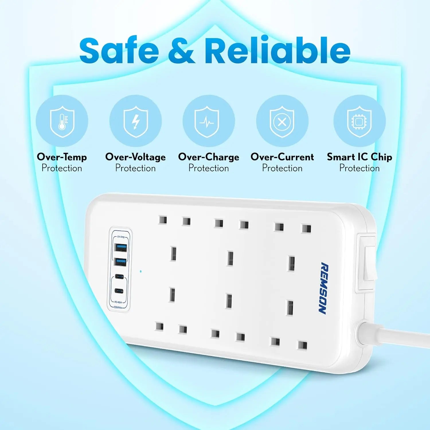 Remson 65W Essential 4 USB Surge Protector 10 Way 2 USB-C PD Ports + 2 USB-A Ports + 6  with 5M Cable Outlets - White