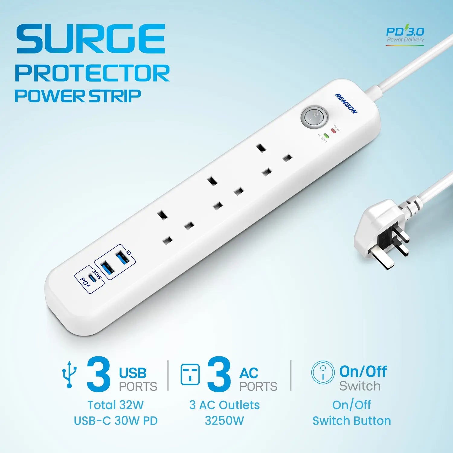 Remson 32W Surge Protector Power Strip 6 Way 3 USB-Ports + 3 AC Outlets with 3M Cable Length - White