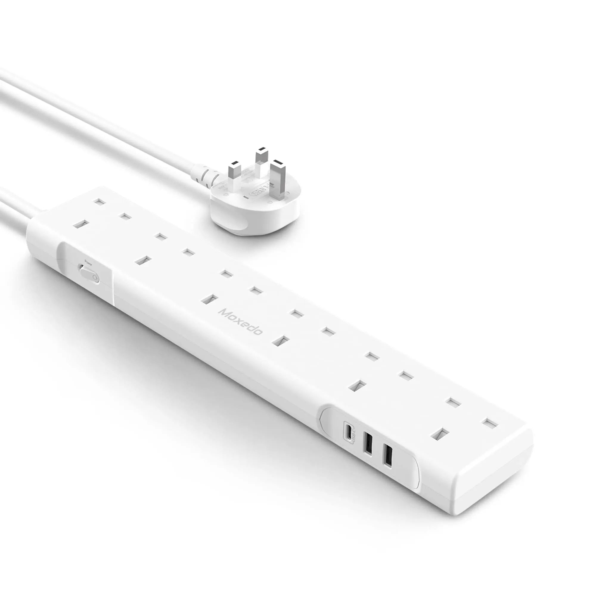 Moxedo 3250W Power Strip Surge Protector 9 Way 1 USB-C PD Ports + 2 USB-A Ports + 6 AC Outlets with 2M Cable Length - White