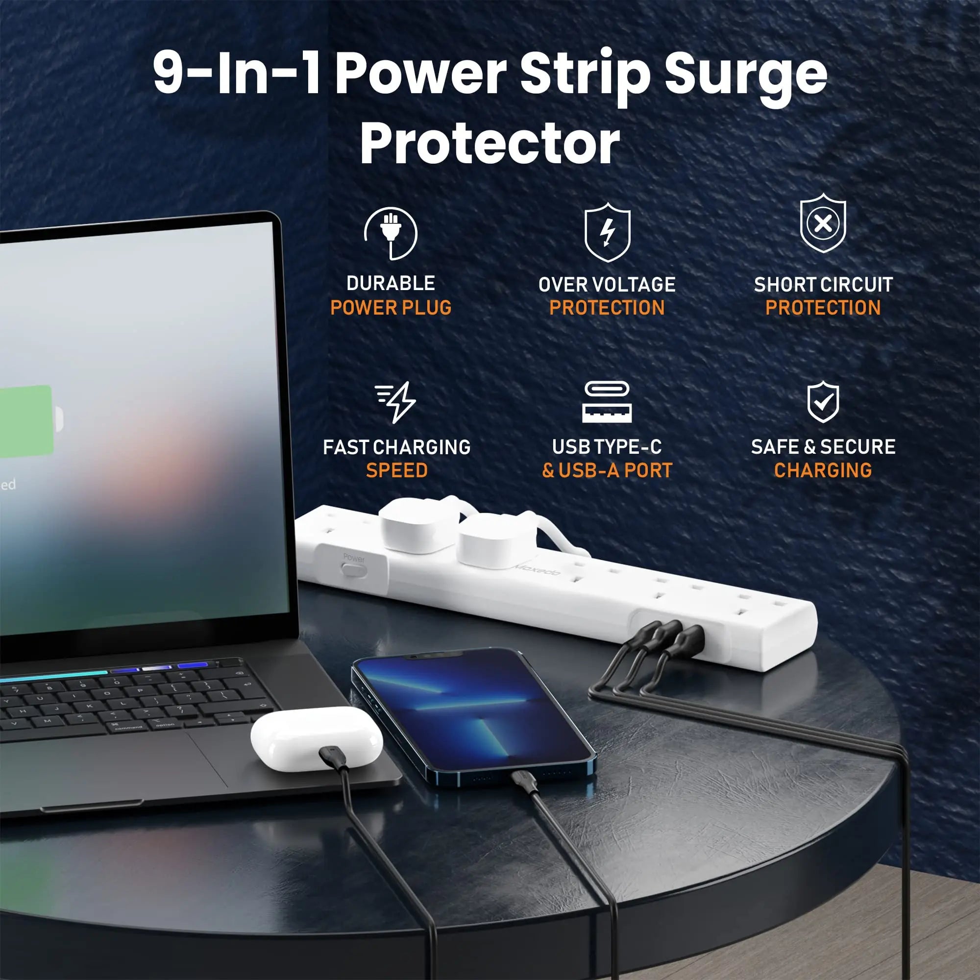 Moxedo 3250W Power Strip Surge Protector 9 Way 1 USB-C PD Ports + 2 USB-A Ports + 6 AC Outlets with 2M Cable Length - White