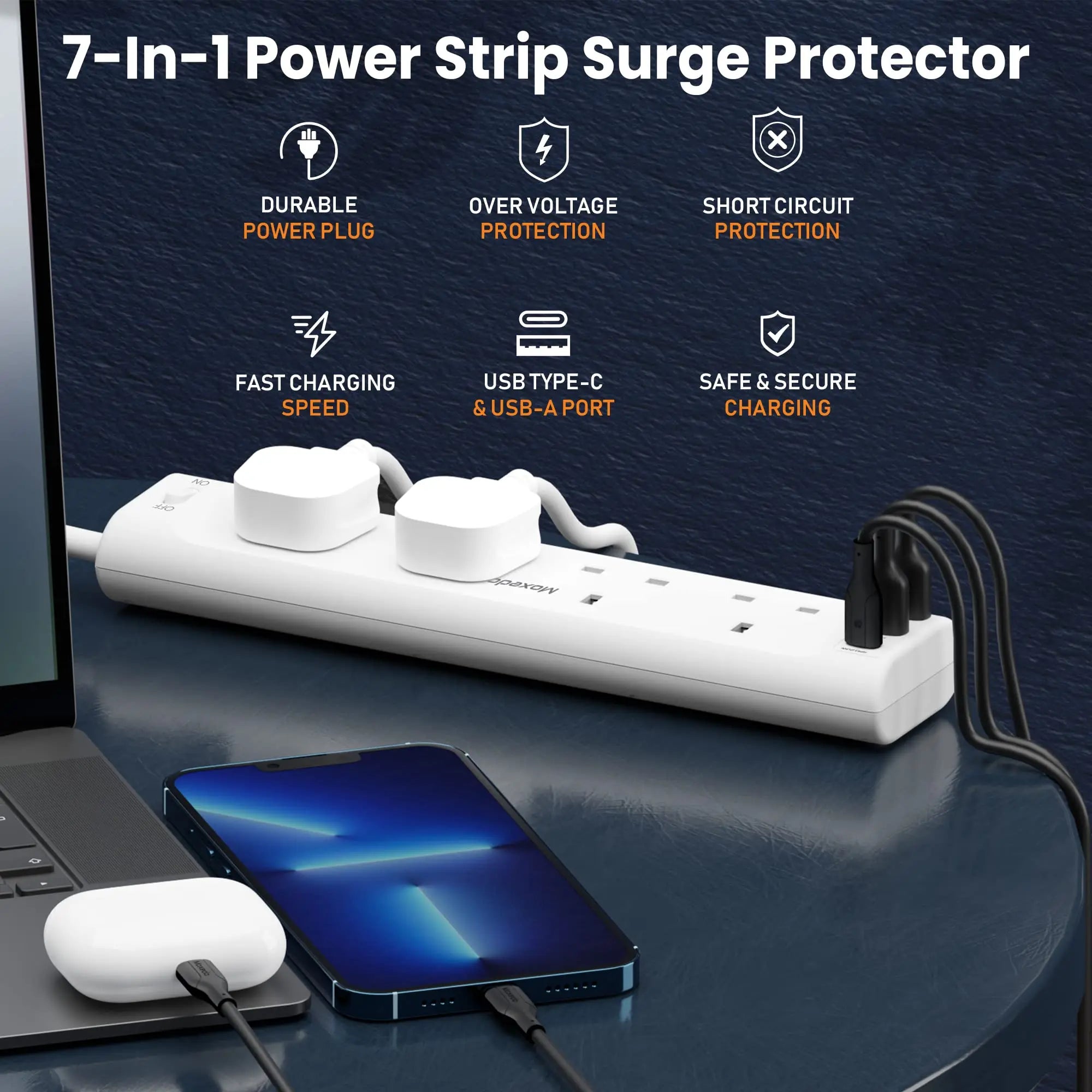 Moxedo 20W Power Strip Surge Protector 7 Way 1 USB-C PD Ports + 2 USB-A Ports + 4 AC Outlets with 2M Cable Length - White