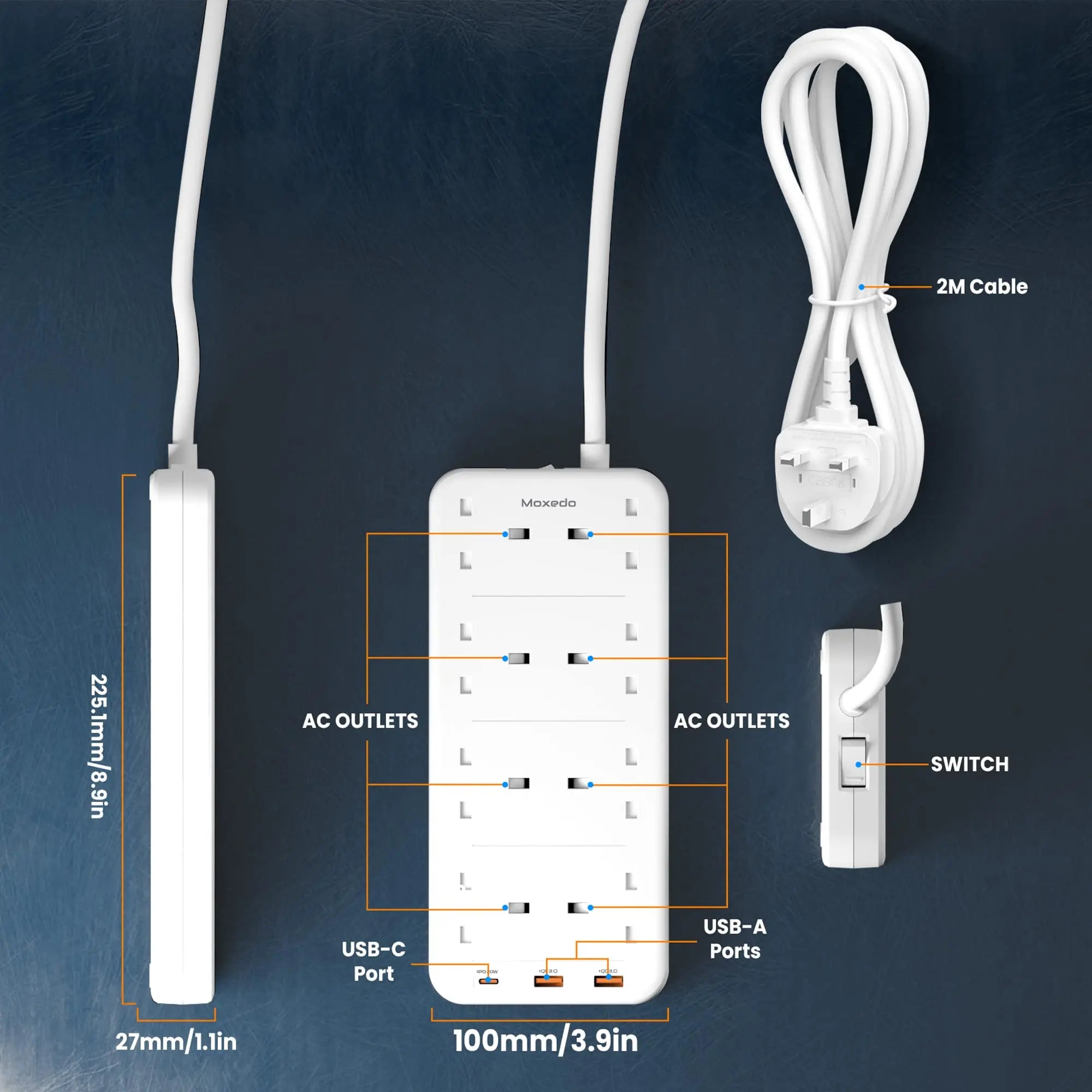 Moxedo 20W Power Strip Surge Protector 11 Way 1 USB-C PD Ports + 2 USB-A Ports + 8 AC Outlets with 2M Cable Length