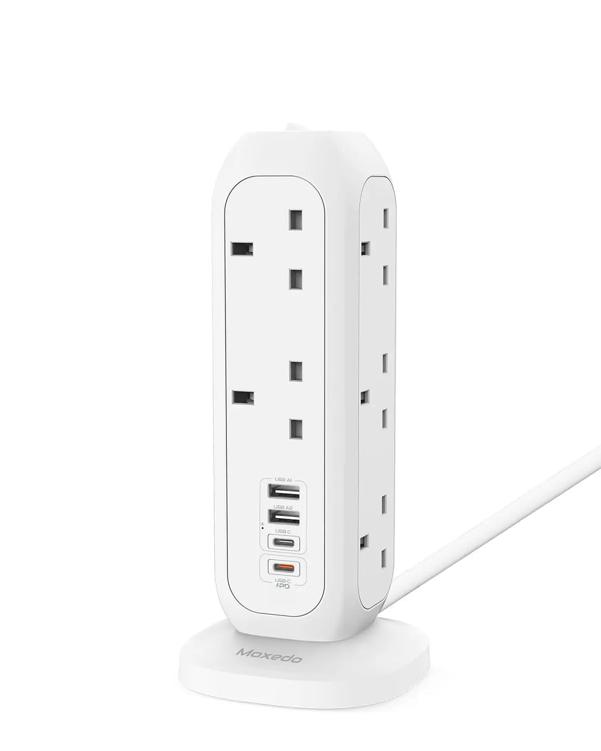 Moxedo Smart-Hub Tower Power Strip Surge Protector 15 in 1 Electric Outlet Power Extension, 11 AC Sockets + 2 USB-C + 2 USB-A Ports 20W PD 3.0 3250W with 2 Meters Cable Length - White