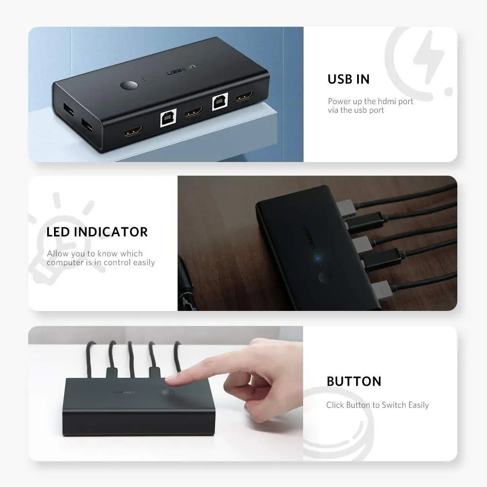 UGREEN KVM Switch 2 in 1 Out 4K HDMI Switcher Box and Extended 4 Ports USB Hub Manual Sharing Box with USB Cables