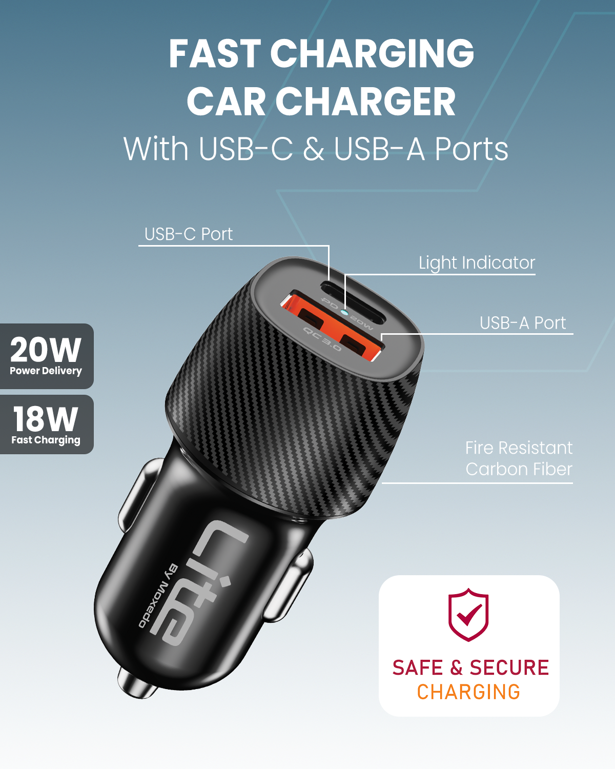 Moxedo Lite 38W Car Charger PD 3.0 with USB-C and USB-A Ports Fast Charger Compatible for iPhone 16/15/14/13 Series , Galaxy S24, Huawei , iPad Pro and More