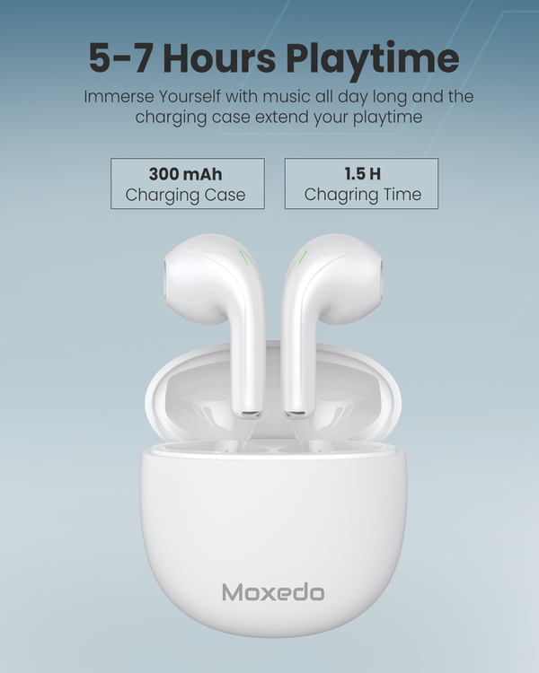 Moxedo S6 Earbuds Bluetooth 5.3, 7hrs Playtime, Enhanced Bass, Comfort Fit- White