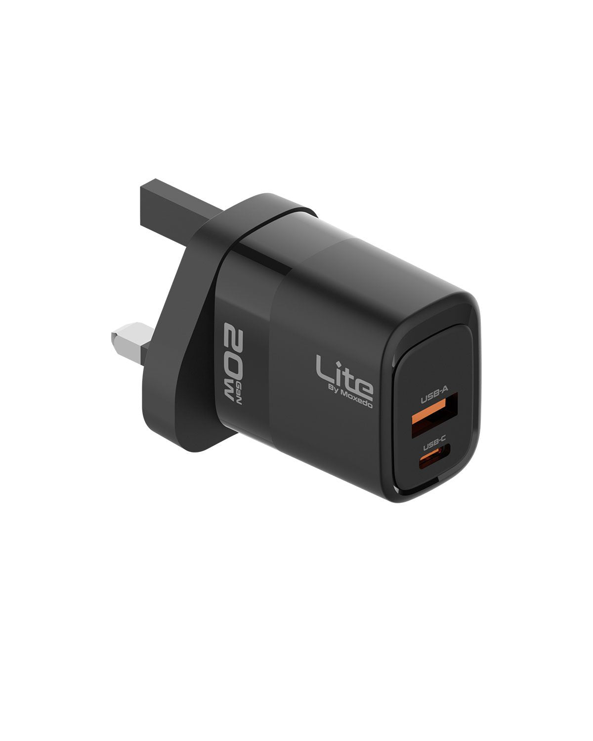 Moxedo Lite 20W GaN Charger USB-C/ USB-A Ports Fast Charging PD 3.0 Compatible for iPhone Series, iPad Pro 12.9, 11, MacBook, Samsung Galaxy S24, Pixel and more.