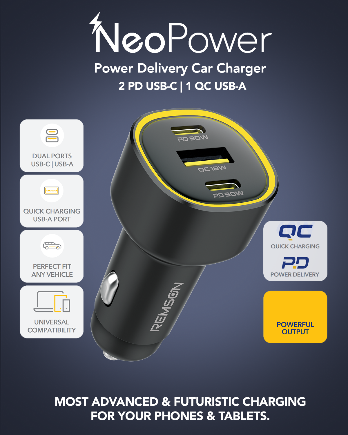 Remson Neo Power Car Charger PD 60W 2 USB-C Port/ 1 USB-A Port and 1 USB-C Cable Fast Charging Compatible For iPhone 16 Pro/ Pro Max/16/15/14/13/12, Galaxy, S24/S23/S22/S21, iPad Pro 6/Air 5