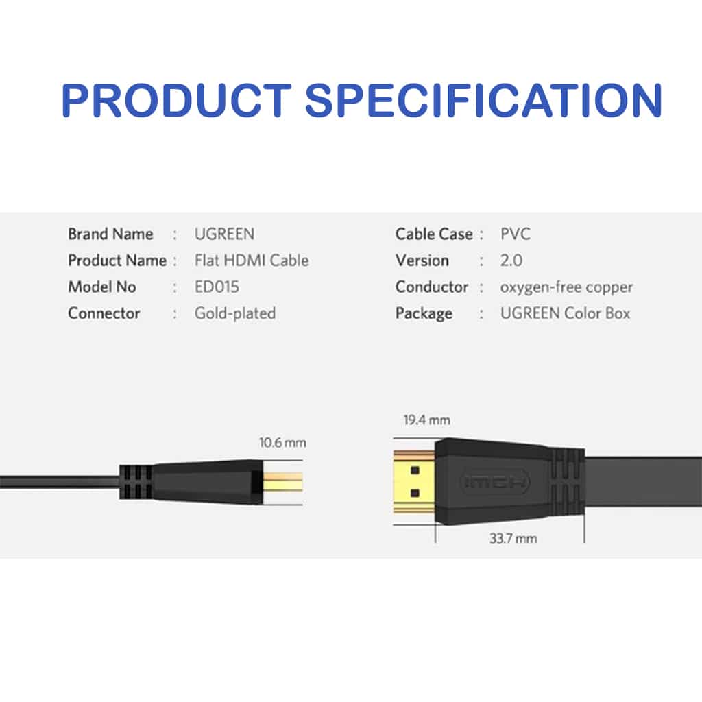 كابل مسطح HDMI ذكر إلى ذكر بدقة 4K@60hz من Ugreen، فائق الدقة، 10.2 جيجابت في الثانية، 3 أمتار، Ugreen ED015 - أسود