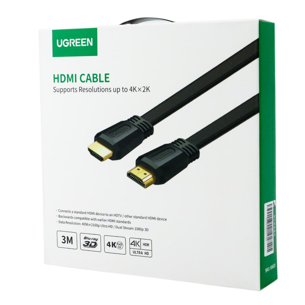 كابل مسطح HDMI ذكر إلى ذكر بدقة 4K@60hz من Ugreen، فائق الدقة، 10.2 جيجابت في الثانية، 3 أمتار، Ugreen ED015 - أسود