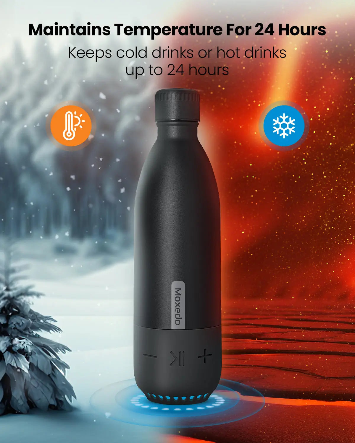 Moxedo Vacuum Flask with Built-in Wireless Speaker and LED Light Double Wall Vacuum Insulated Hot and Cold (Black)