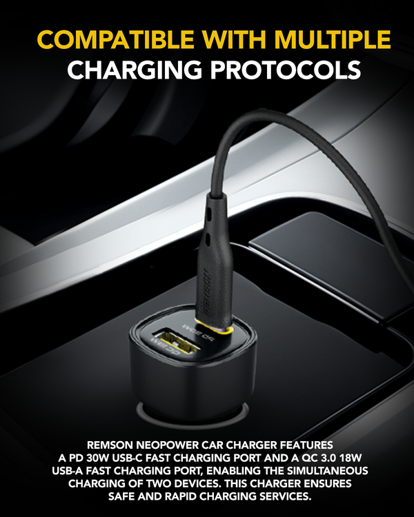 Remson Neo Power Car Charger PD 48W 1 USB-C Port/ 1 USB-A Port Fast Charging Compatible For iPhone 16 Pro/ Pro Max/16/15/14/13/12, Galaxy, S24/S23/S22/S21, iPad Pro 6/Air 5