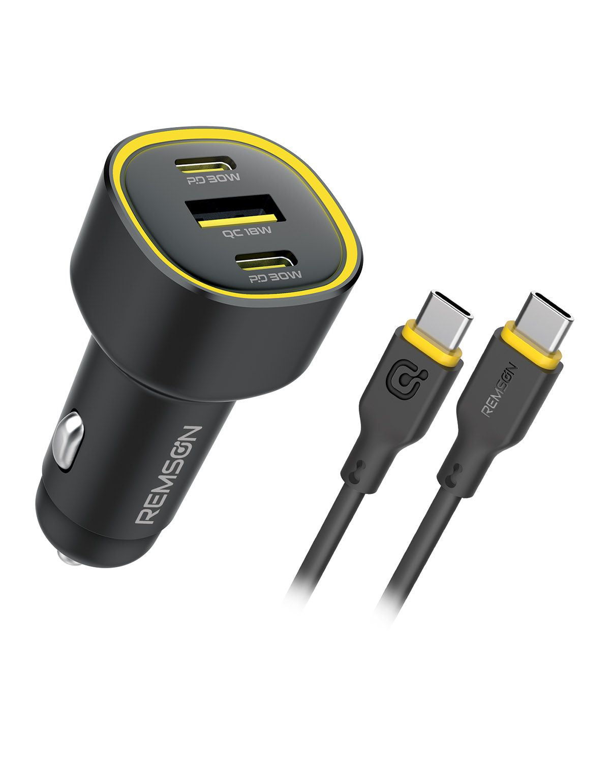 Remson Neo Power Car Charger PD 60W 2 USB-C Port/ 1 USB-A Port and 1 USB-C Cable Fast Charging Compatible For iPhone 16 Pro/ Pro Max/16/15/14/13/12, Galaxy, S24/S23/S22/S21, iPad Pro 6/Air 5