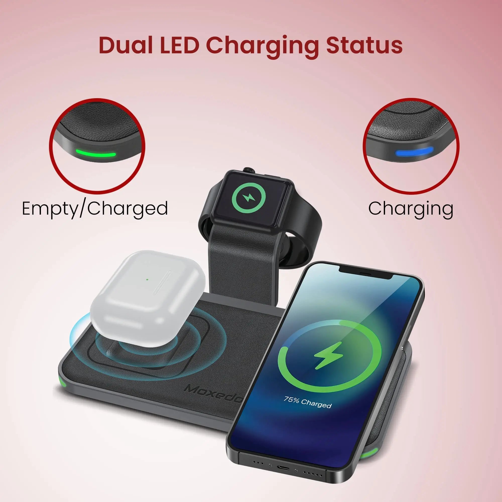 Moxedo 3 in 1 15W Wireless Charging Station Compatible for iWatch 7//6/5/4/3/2/1/SE, AirPods 3/2/Pro, iPhone 13/13 Pro Max/13Mini/13 Pro/12 Series/11/XS Max/XR/X/8Plus/SE 2/Samsung Galaxy Moxedo