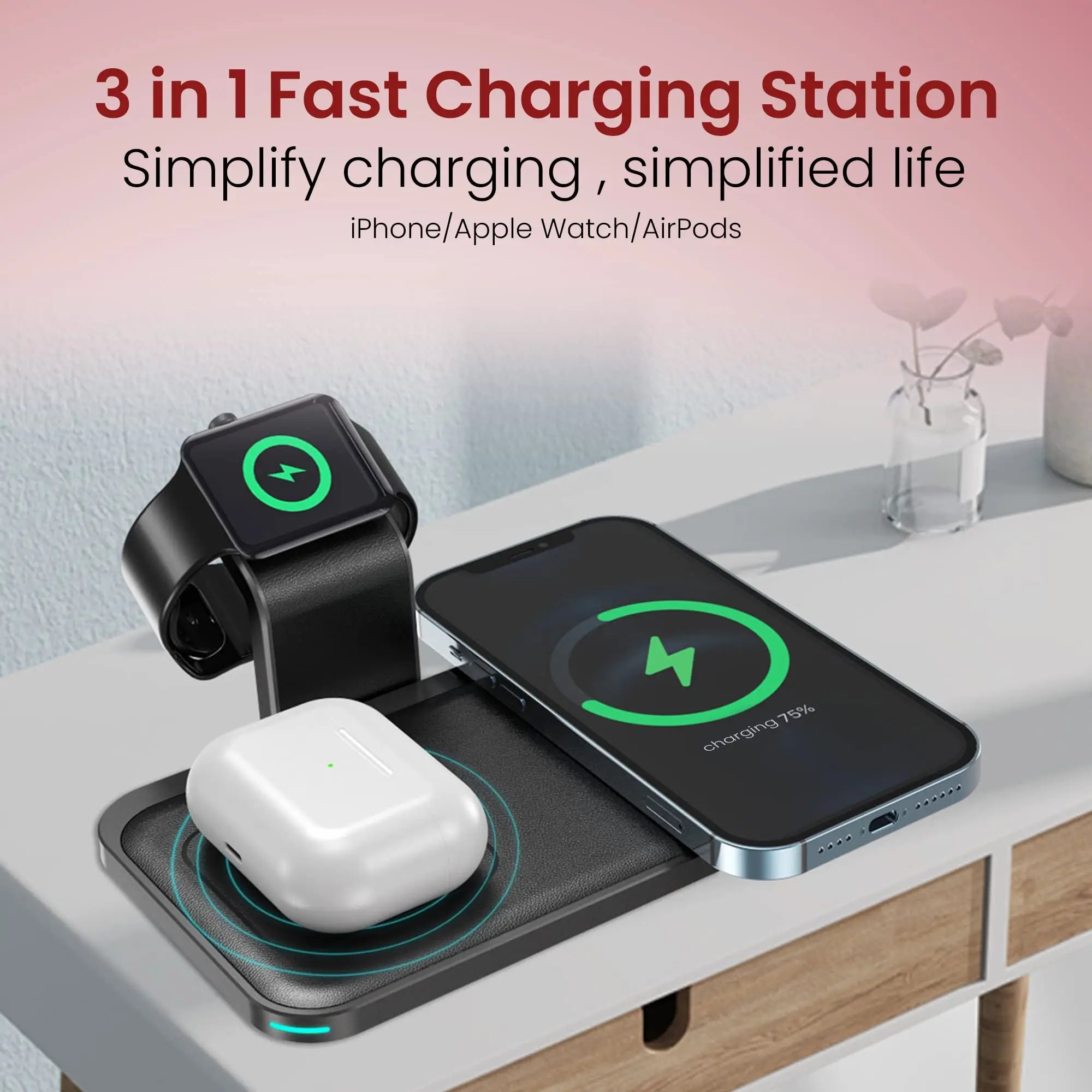 Moxedo 3 in 1 15W Wireless Charging Station Compatible for iWatch 7//6/5/4/3/2/1/SE, AirPods 3/2/Pro, iPhone 13/13 Pro Max/13Mini/13 Pro/12 Series/11/XS Max/XR/X/8Plus/SE 2/Samsung Galaxy Moxedo