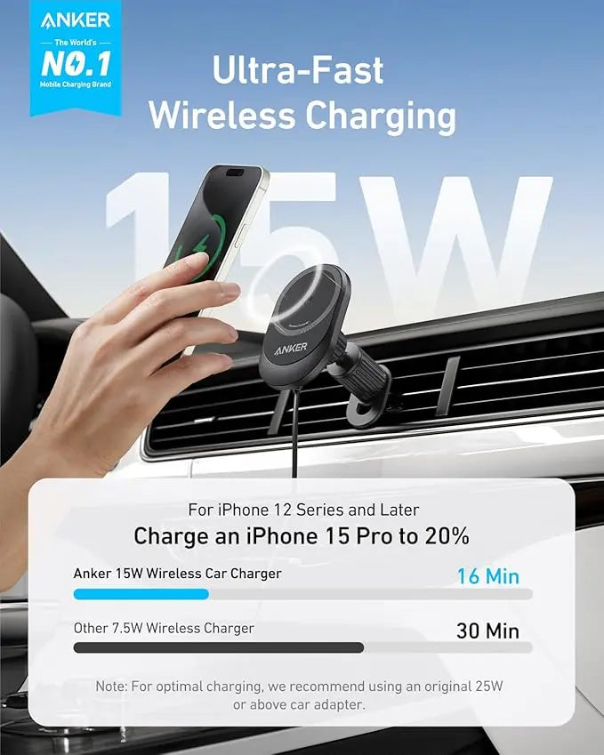 Anker MagSafe Wireless Car Charger, MagGo 15W Fast Car Charger, 360-Degree Adjustable with Strong Magnets, Phone Mount for iPhone 15/ 16 Series Anker