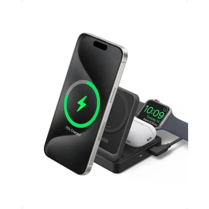 Anker 15W Max MagGo Wireless Charging Station9 Folded 3-in-1) with Charger and USB-C Cable - Black Anker