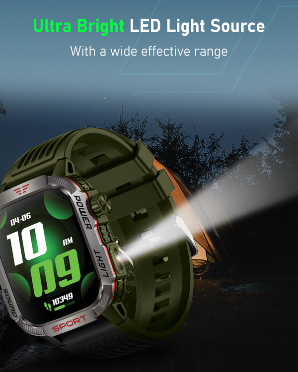 Moxedo Warrior Smart Watch with LED Flashlight, 2.01" HD Display, Bluetooth, Green