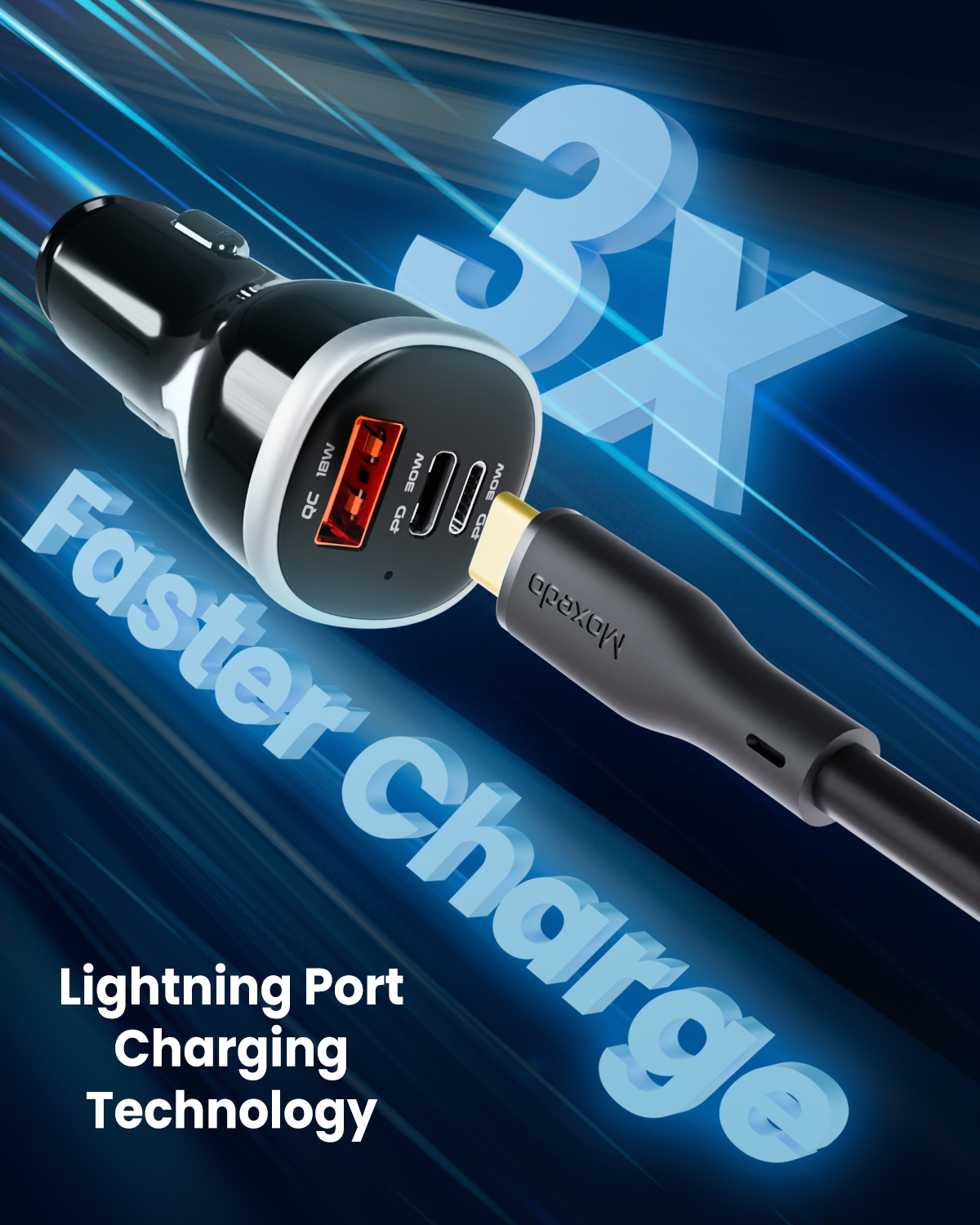 Moxedo 51W Ultra-Fast Car Charger PPS Technology PD 3.0 with USB-C/ USB-A and Lightning Ports Compatible for Galaxy S24, iPhone 16/15 Series, MacBook and more