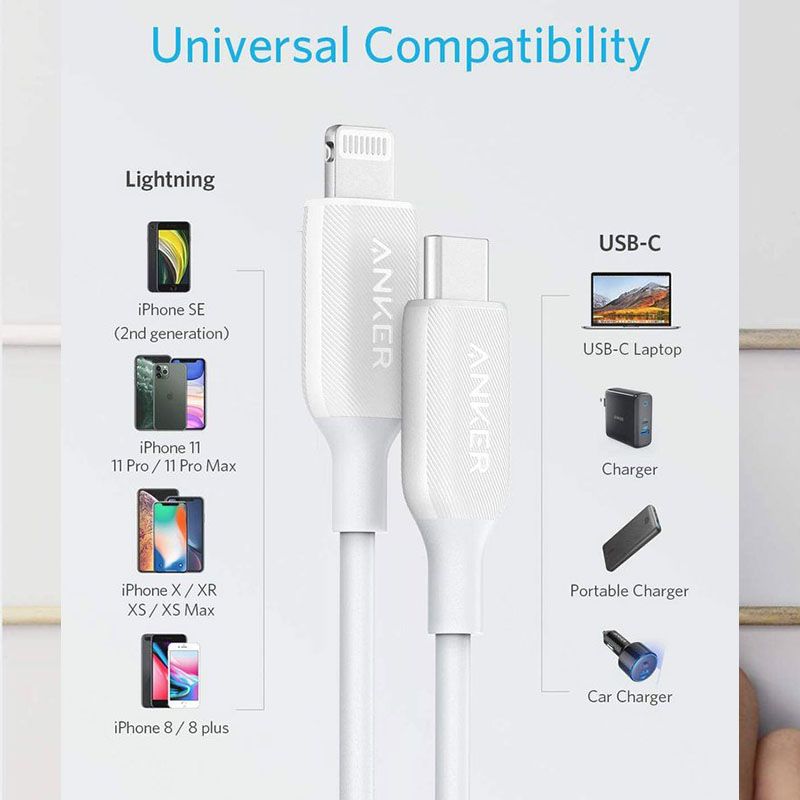 Anker Powerline III USB-C Cable with Lightning Connector (3ft /0.9m) - White