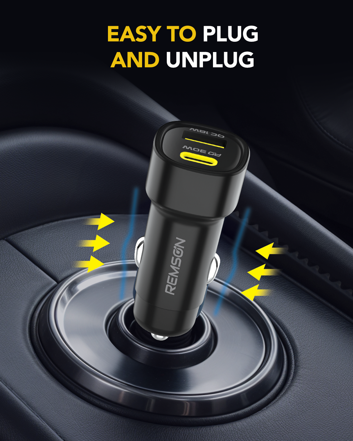 Remson Neo Power Car Charger PD 48W 1 USB-C Port/ 1 USB-A Port and 1 USB-C Cable Fast Charging Compatible For iPhone 16 Pro/ Pro Max/16/15/14/13/12, Galaxy, S24/S23/S22/S21, iPad Pro 6/Air 5