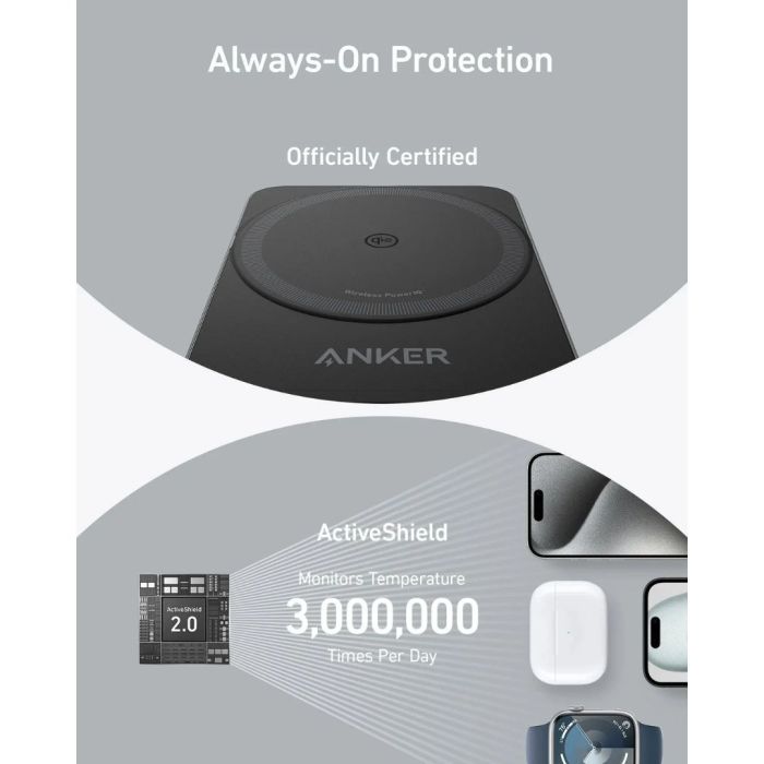 محطة شحن لاسلكية Anker 15W Max MagGo9 قابلة للطي 3 في 1 مع شاحن وكابل USB-C - أسود