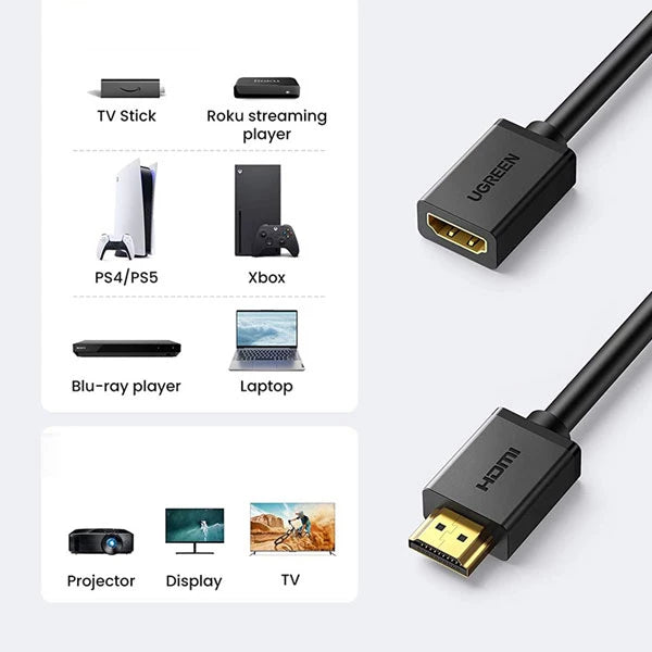 UGREEN كابل HDMI ذكر إلى HDMI أنثى HD107 Full HD 3D بطول 0.5 متر - أسود