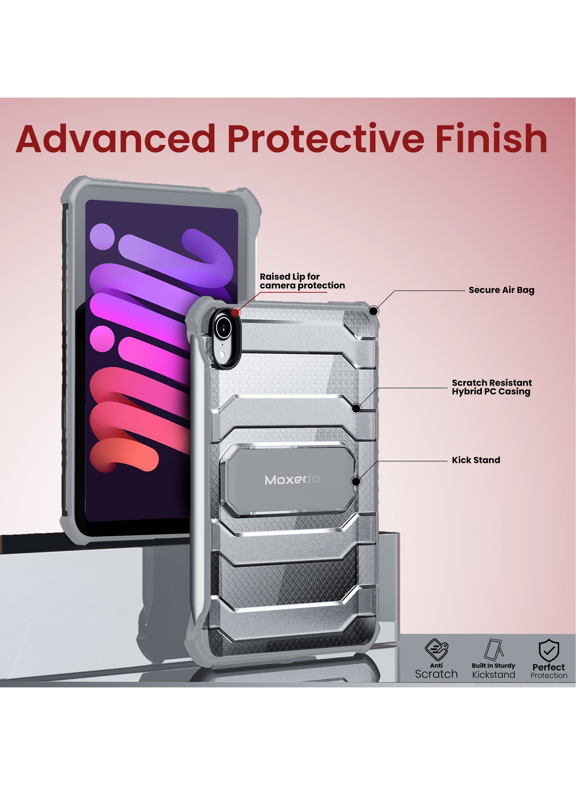 Moxedo Rugged Shockproof Protective Case Cover Hard PC Drop Protection with Kickstand Pen Holder for iPad Mini 6 2021-Silver