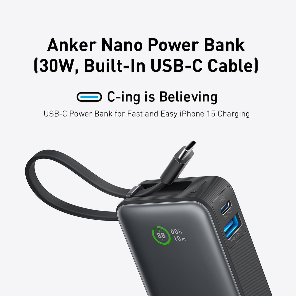 Anker Nano 10K (30W) Power Bank with Built-In USB-C Cable - Black