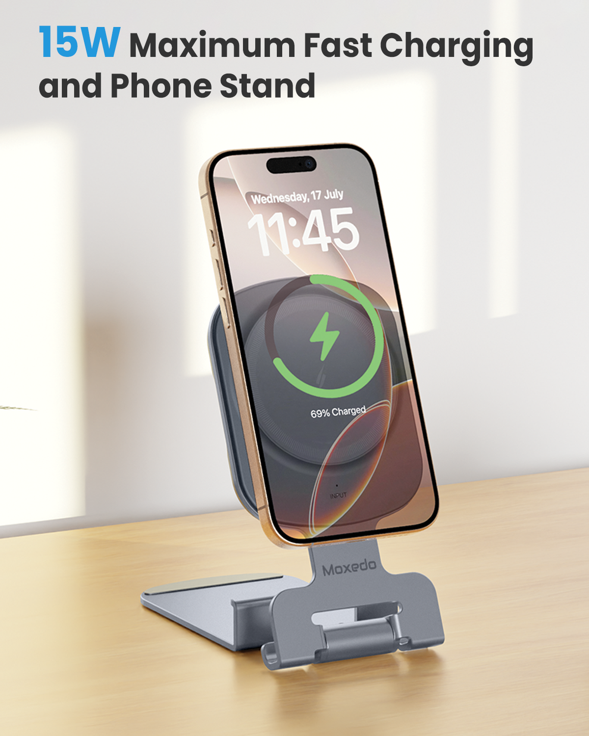 Moxedo 3 in 1 Desktop Charger 15W Wireless Charging Phone Holder Foldable with USB-C Port Input Compatible for iOS Devices like iPhone, Apple Watch and Airpods