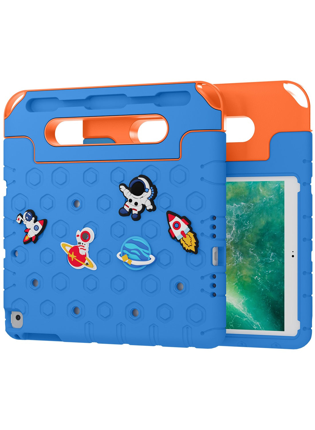 Moxedo Rugged Protective EVA Silicone Kids Case Cover, Shockproof DIY 3D Cartoon Pattern with Pencil Holder, Stand and Handle Grip for Apple iPad 9.7 inch - Sky Blue