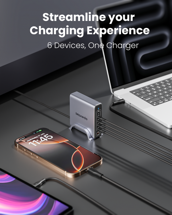 Moxedo Volton II PD GaN Desktop Charger 300W PD 3.1 PPS 5 USB-C and 1 USB-A Port with 1.2 Meter Power Cord and Detachable Metal Base.