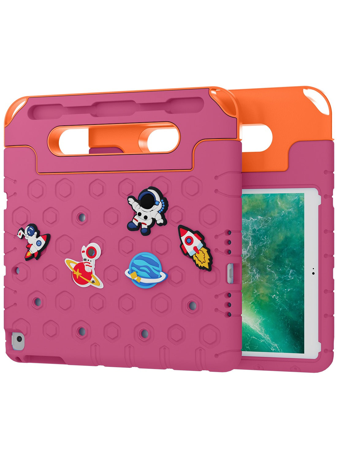 Moxedo Rugged Protective EVA Silicone Kids Case Cover, Shockproof DIY 3D Cartoon Pattern with Pencil Holder, Stand and Handle Grip for Apple iPad 9.7 inch - Rose Pink