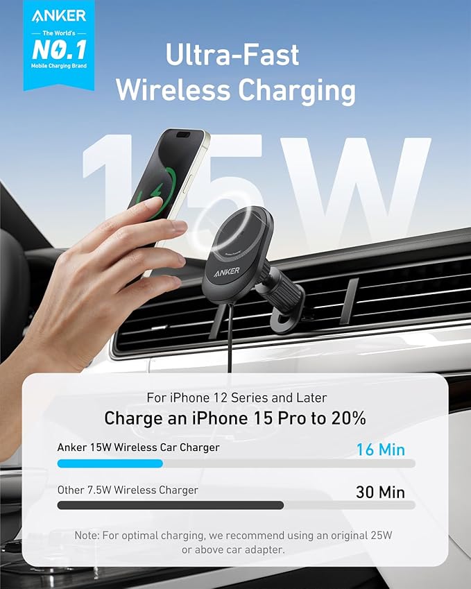 Anker MagSafe Wireless Car Charger, MagGo 15W Fast Car Charger, 360-Degree Adjustable with Strong Magnets, Phone Mount for iPhone 15/ 16 Series