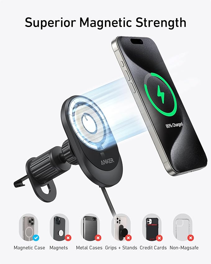 Anker MagSafe Wireless Car Charger, MagGo 15W Fast Car Charger, 360-Degree Adjustable with Strong Magnets, Phone Mount for iPhone 15/ 16 Series