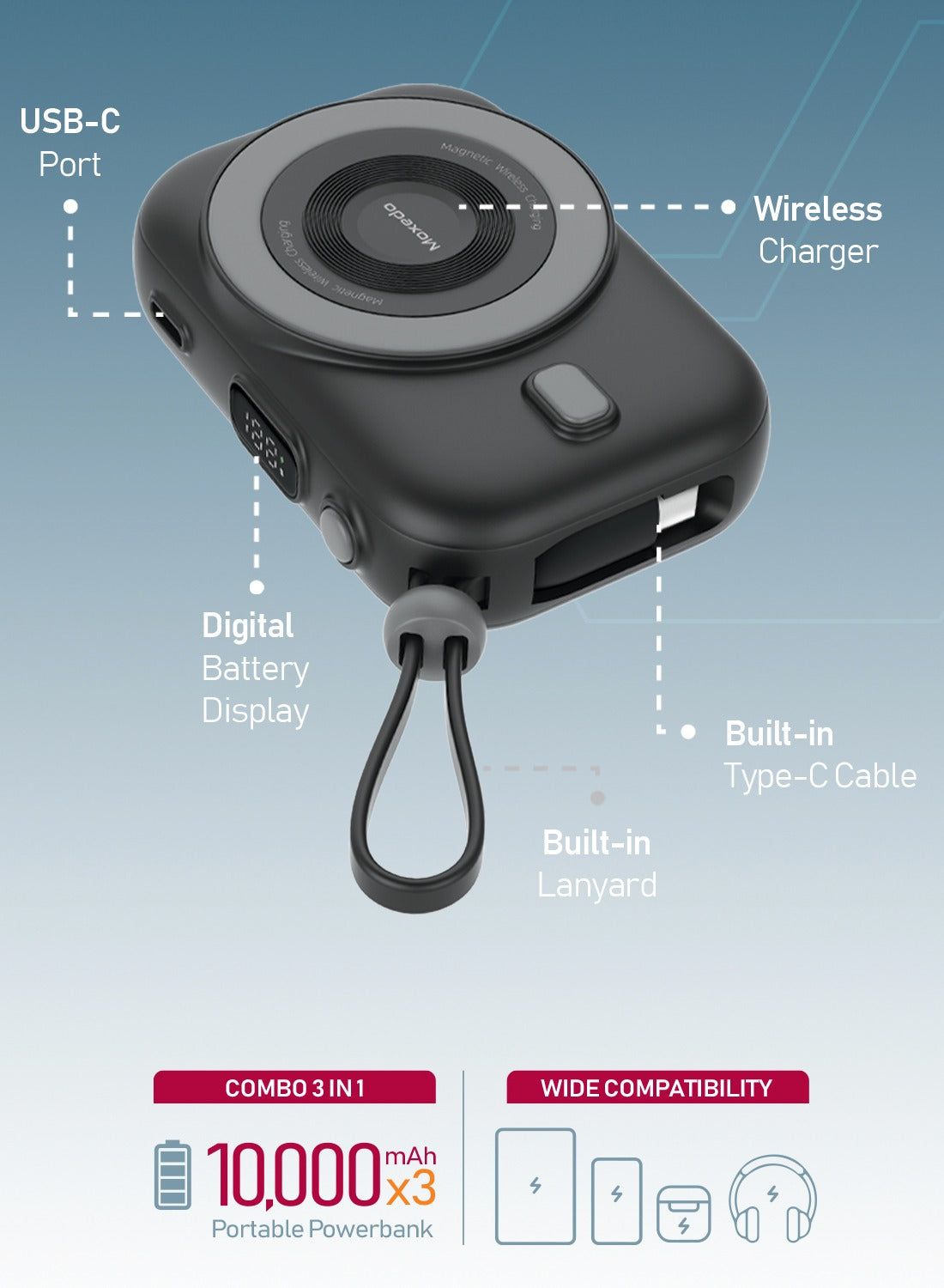 Moxedo Moxedo Combo 3 x 10,000 MaH Power Bank with Charging Dock 15W Power Delivery Wireless Charging with Built-in Type-C Cable