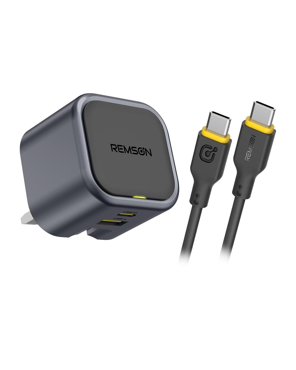 Remson Neo Power 35W Mini GaN Wall Charger QC 3.0 PD Dual Ports USB-C/ USB-A and USB-C Cable Foldable Plug with Fast Charging Indicator Compatible with iPhone, iPad, Samsung, Huawei, Xiaomi etc