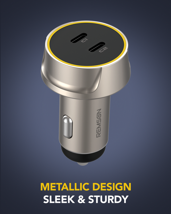 Remson Neo Power Car Charger PD 75W Dual USB-C Ports Compact Metallic Design Compatible For iPhone 16 Pro/ Pro Max/16/15/14/13/12, Galaxy, S24/S23/S22/S21, iPad Pro 6/Air 5