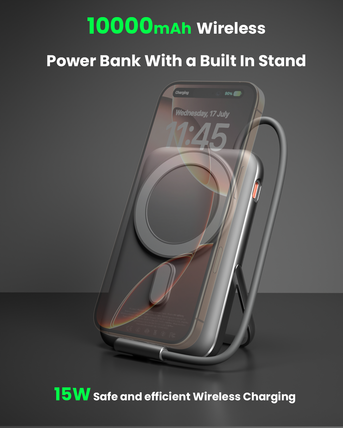 Moxedo Porta-Go Wireless Charging Power Bank 10,000 mAh with Built-in USB-C Cable and Phone Stand