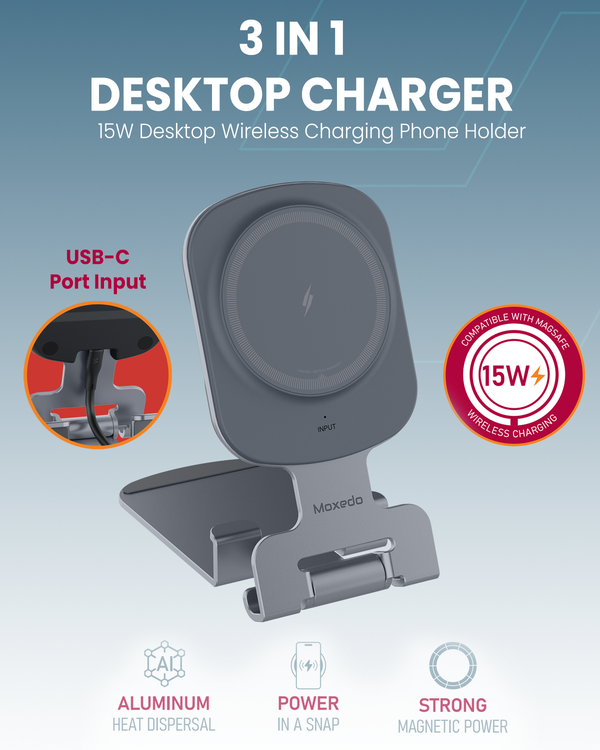 Moxedo 3 in 1 Desktop Charger 15W Wireless Charging Phone Holder Foldable with USB-C Port Input Compatible for iOS Devices like iPhone, Apple Watch and Airpods