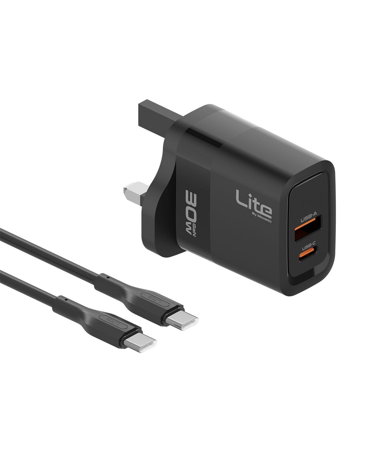 Moxedo Lite 30W GaN Charger USB-A/ USB-C Ports Fast Charging PD 3.0 with USB-C to USB-C 1.2 Meter Cable Compatible for iPhone Series, iPad Pro 12.9, 11, MacBook, Samsung Galaxy S24, Pixel and more.