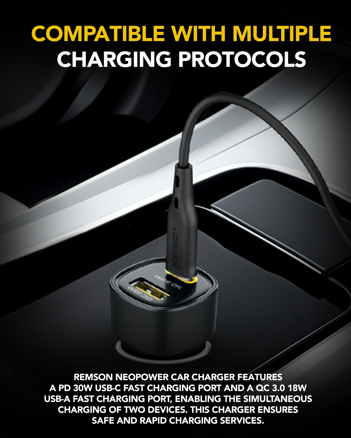 Remson Neo Power Car Charger PD 48W 1 USB-C Port/ 1 USB-A Port and 1 USB-C Cable Fast Charging Compatible For iPhone 16 Pro/ Pro Max/16/15/14/13/12, Galaxy, S24/S23/S22/S21, iPad Pro 6/Air 5