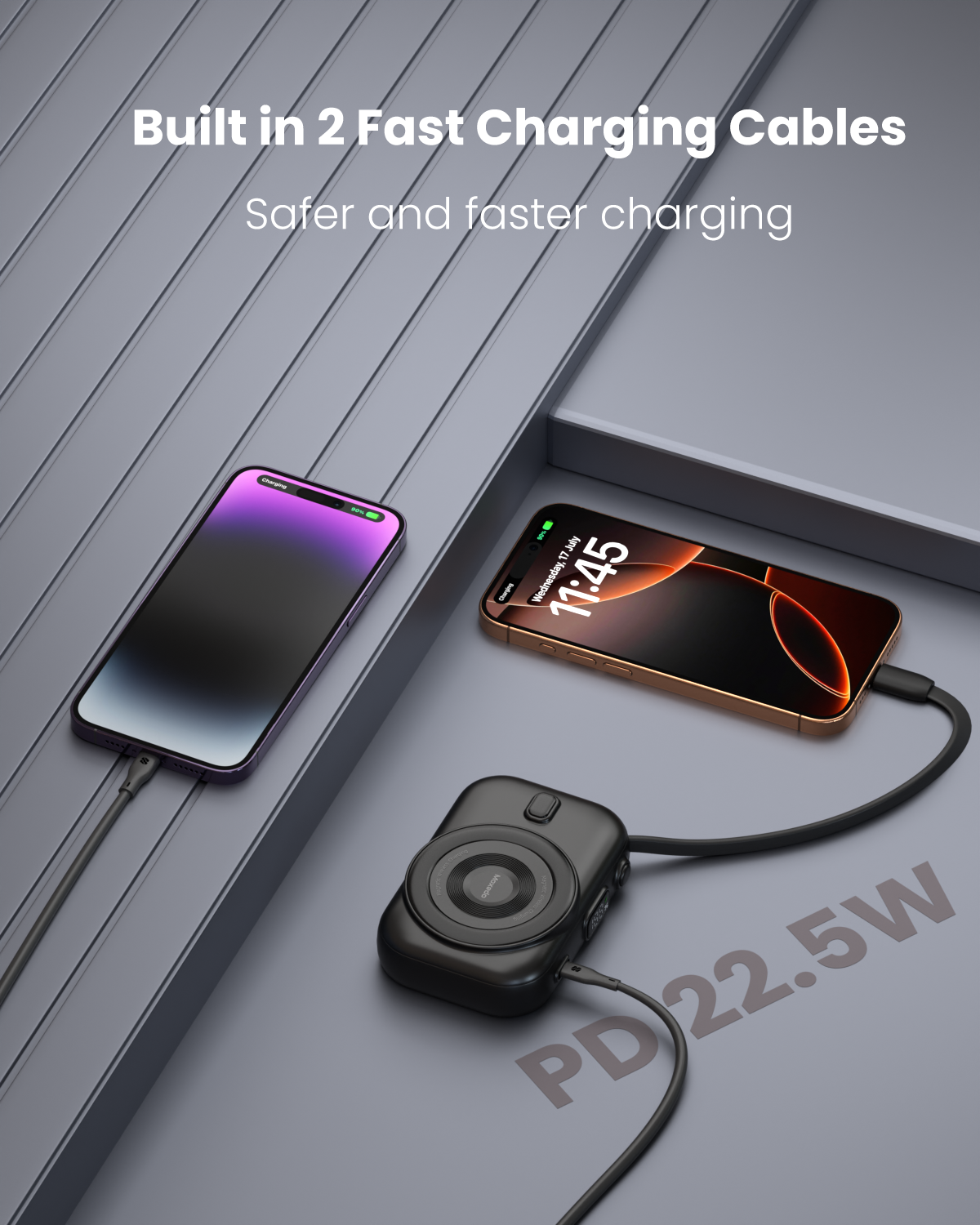 Moxedo Combo 5x 10,000 mAh Power Bank with Charging Dock 22.5W Power Delivery USB-C Fast Charging Digital Battery Display with Built-in Type-C Cable / Lightning Cable (Black)